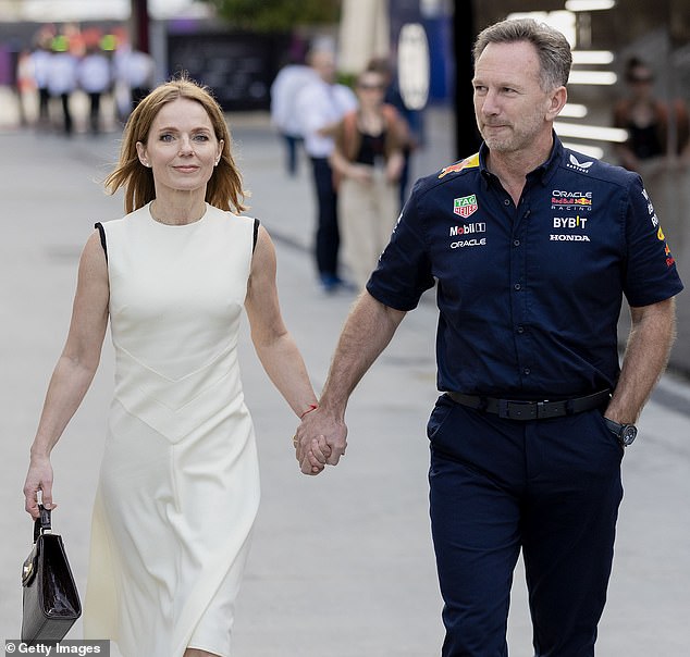 Christian Horner and Geri Halliwell hold hands in a public show of unity at the Bahrain Grand Prix on Saturday