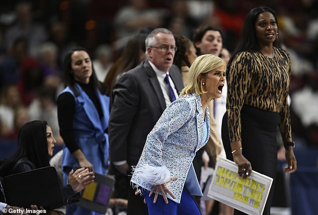 LSU Lady Tigers head coach Kim Mulkey responds to a call during Sunday's SEC title game