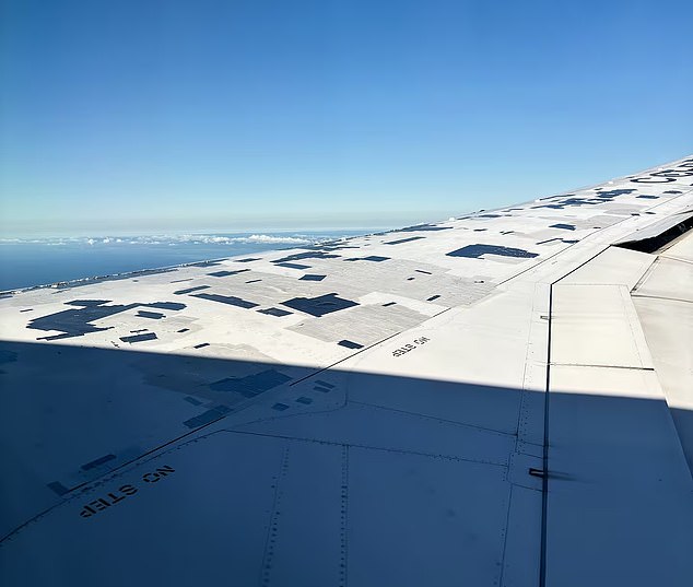 A shocking image of the plane plummeting 100 meters, injuring 50 people during a flight from Sydney to Auckland, shows one of its wings covered in tape just days earlier (pictured)