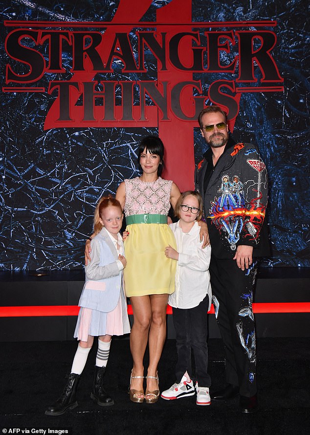 The 38-year-old singer and actress said she believes women should decide whether to put their children or their careers first, saying she chose the former (L-R: Lily Allen, daughters Marnie Rose Cooper and Ethel Cooper, and actor-husband David Harbor)