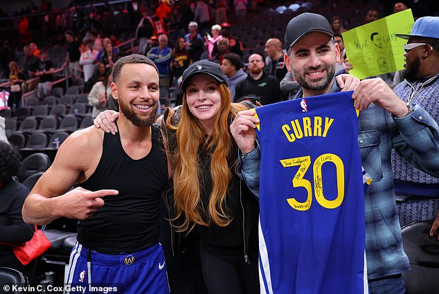 The ex-Hollywood wild child and her financier husband Bader Shammas (R) – who will celebrate their first wedding anniversary on April 3 – selected Golden State Warriors point guard Stephen Curry (L) and his wife Ayesha Curry as their child's godparents