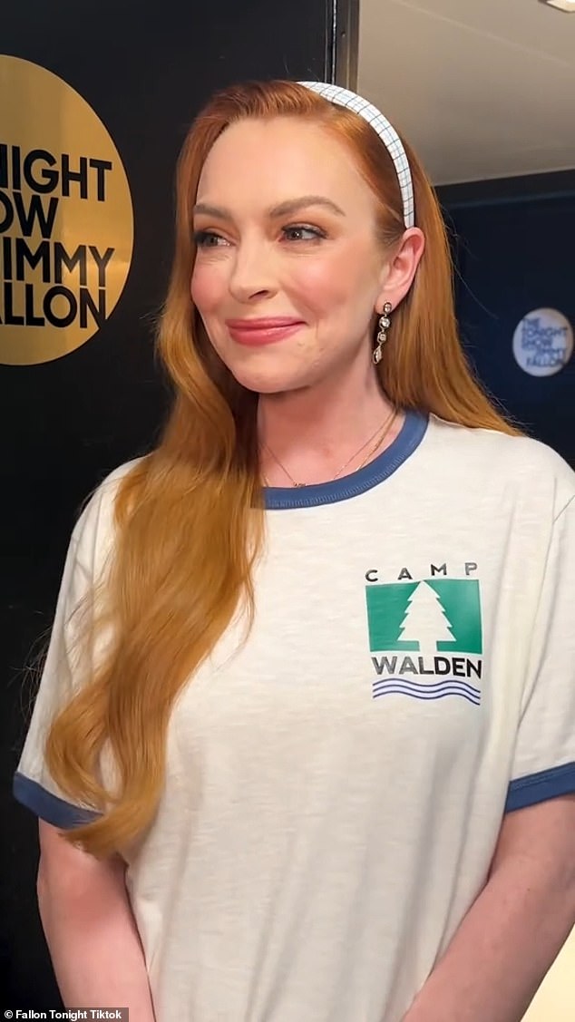 Lindsay Lohan wore a Camp Walden T-shirt and a preppy headband on Monday to recreate a summer camp scene from her 1998 Disney film The Parent Trap