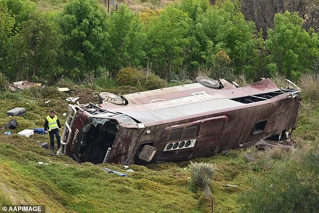 The school bus rolled down an embankment along the Western Highway near Pentland Hills, west of Melbourne, injuring the bus driver, 31 students and teachers (pictured)