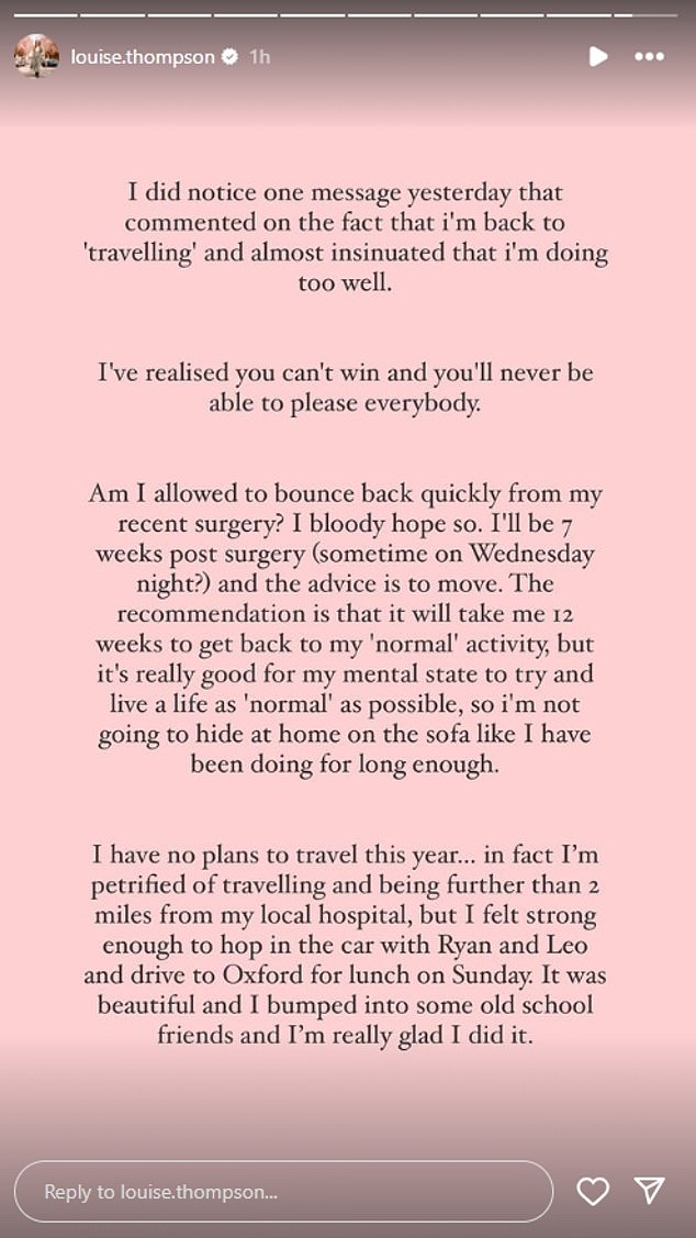 She later admitted that she had seen one negative comment about her weekend activities.  “I noticed a post yesterday commenting on the fact that I'm 'traveling' again