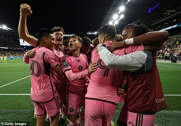 Luis Suarez and his Inter Miami teammates celebrate after he scored a late equalizer