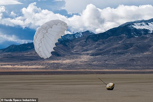 A space capsule containing a small, unmanned pharmaceutical factory (above) floated into the Utah desert in February carrying freshly made crystals of HIV medication