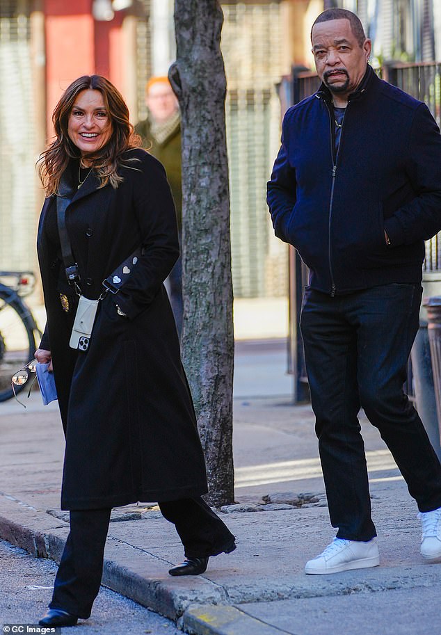 Mariska Hargitay and Ice-T were photographed filming scenes for Law & Order: Special Victims Unit in New York City on Thursday morning