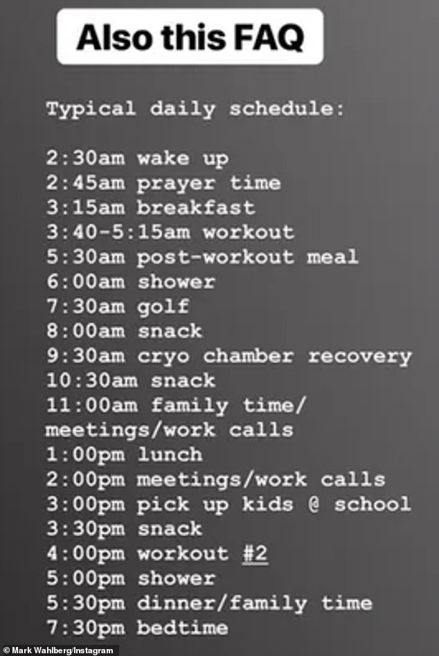 In 2018, Wahlberg shared his old routine on his Instagram and the extremity of it sent fans into a frenzy, which included seven meals, a 2:30 a.m. wake-up and two workouts a day