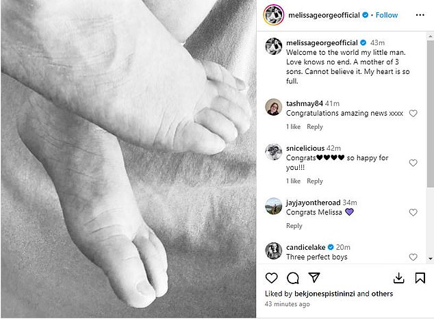 Melissa George gave birth to her third child at the age of 47.  The Home and Away actress revealed on Instagram on Wednesday that she had given birth to a son