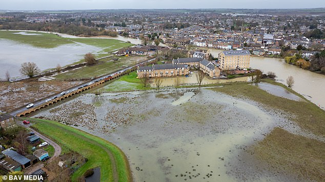 The Met Office confirms that last month was the warmest February on record in England and Wales – and one of the wettest on record.  Pictured: Fields filled with flood water after the River Great Ouse burst its banks in St Ives, Cambs, in February