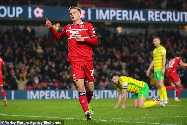 Marcus Forss celebrates after drawing Middlesbrough level against Norwich at the Riverside