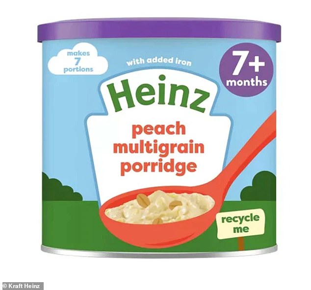 Of the 1,297 internationally assessed products, including 218 sold in UK supermarkets, none were deemed suitable for promotion for consumption by children.  In the photo one of the products that did not meet the nutritional and marketing standards of the WHO: Heinz Peach Multigrain Porridge for babies from 7 months by Kraft Heinz