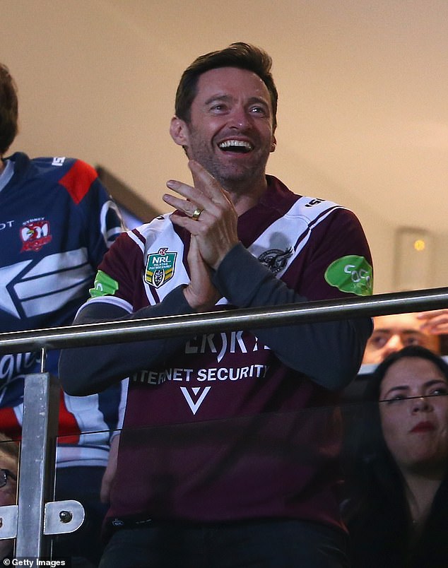 Hugh Jackman, 55, has returned to New York and will not see his Manly Sea Eagles play in their historic season-opening double-header in Las Vegas.  Pictured in support of Manly against the Roosters in 2015