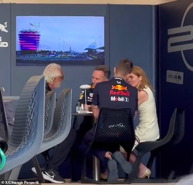 New footage has emerged of under-pressure Red Bull chief Christian Horner and his wife Geri Halliwell in serious discussion during the Bahrain Grand Prix