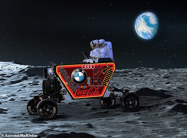 Astrolab aims to send its 'Flex' rover to the moon in 2026, although it's unclear how exactly the moon buggy would be involved in flogging the latest products.  Ads could potentially appear on the side of the buggy, which is designed to transport people and materials around the moon (MailOnline's impression)
