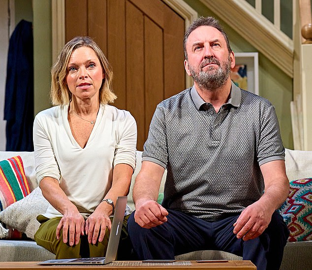 90s sitcom star Sarah Alexander has put her age-defying beauty on display during her current role in West End comedy The Unfriend (pictured on stage with co-star Lee Mack)