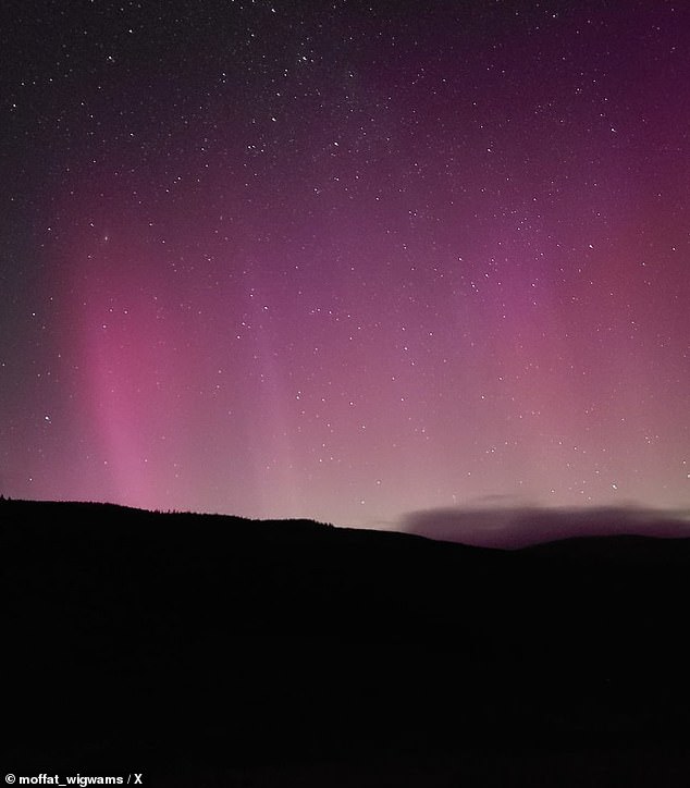 This photo was posted to X by user @moffat_wigwams and shows the aurora as seen from Moffat in Dumfriesshire, Scotland