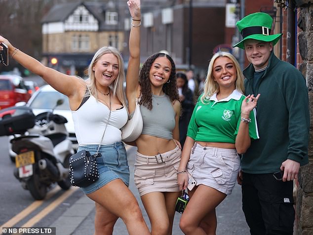 LEEDS: A group of friends take to the streets to celebrate St Patrick's Day with a green sweater and leprechaun hat on display