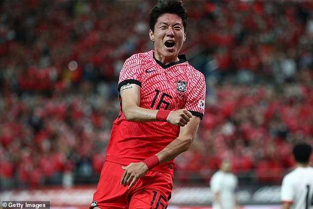 Hwang Ui-jo of South Korea celebrates after scoring the first goal during the international friendly match between South Korea and Egypt at the Seoul World Cup Stadium on June 14, 2022 in Seoul, South Korea