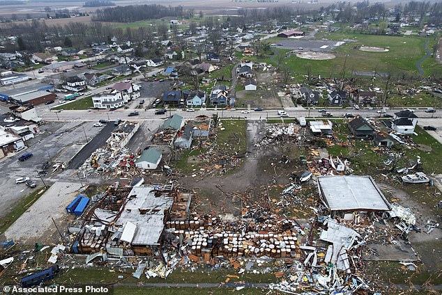 Debris scatters the ground after a severe storm in Lakeview, Ohio