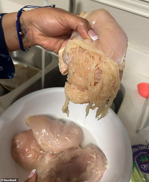 Alesia Cooper from Texas posted a photo of chicken she bought at Aldi that looked like stringy spaghetti