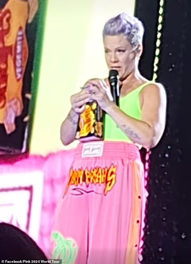 Pink was less than impressed after sampling Arnott's Vegemite-flavored Shapes during her Melbourne concert on Tuesday night