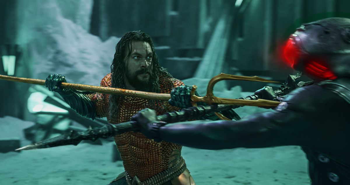 Aquaman fights Black Manta with a trident, but looks a little exhausted in The Lost Kingdom