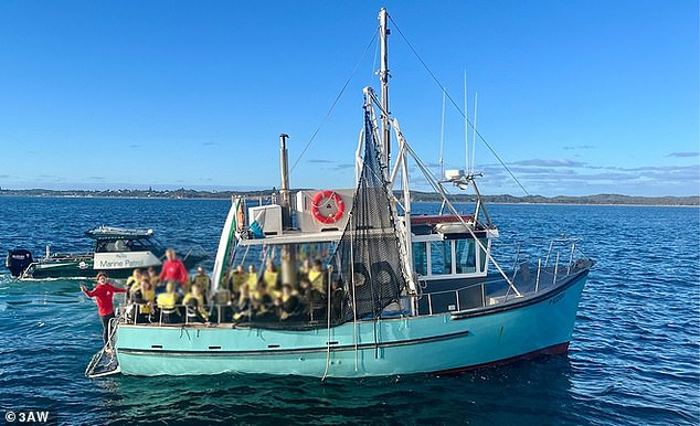 Dozens of schoolchildren were rescued from a burning boat this morning after it caught fire in Melbourne's Port Philip Bay (pictured)