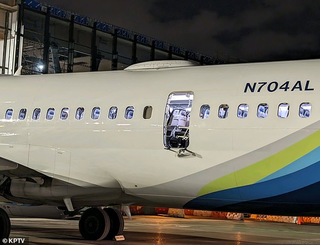 A photo shows the door panel blown off after it landed safely at Portland Airport