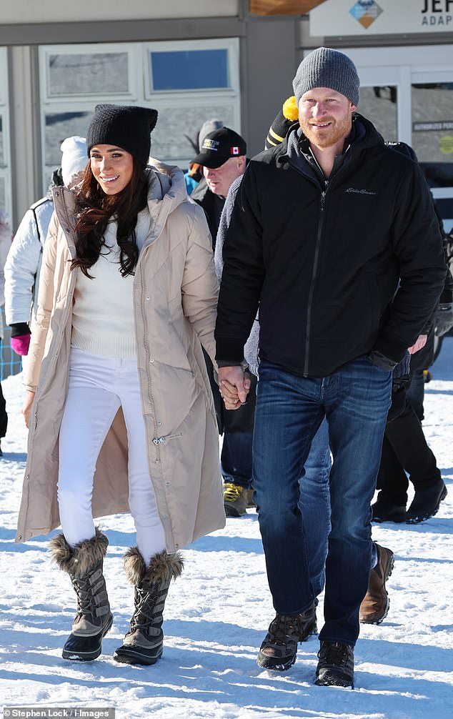 Meghan and Harry pictured last month at an Invictus Games event in Whistler, Canada.  Harry is skiing with Kris Jenner's partner Corey Gamble - while Meghan has just launched her new lifestyle brand online