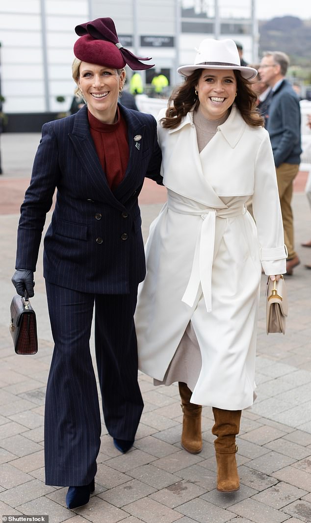 Pictured: Zara Tindall and Princess Eugenie appeared in good spirits as they arrived at Cheltenham Racecourse today