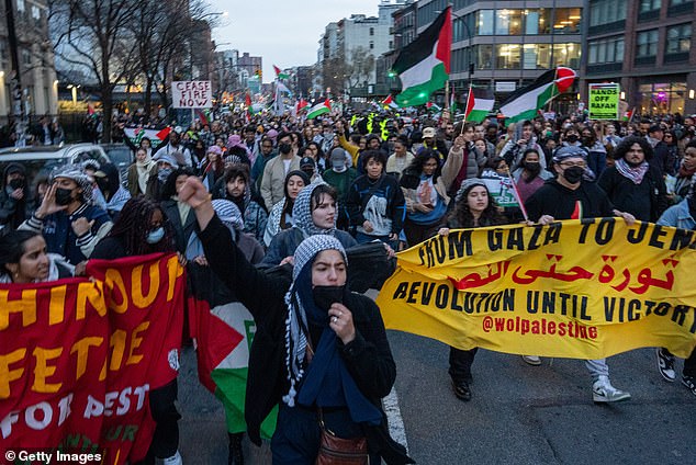 Hundreds of pro-Palestinian protesters flooded the streets of New York as part of a rowdy demonstration on International Women's Day