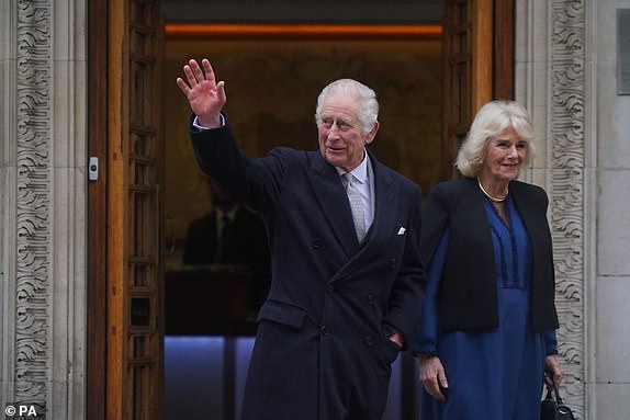 File photo dated 29/01/21 of King Charles III and Queen Camilla leaving the London Clinic in central London, where King Charles had undergone a procedure for an enlarged prostate.  The King has been diagnosed with a form of cancer and has begun a regimen of regular treatments, and although he has postponed public duties, he has "remains completely positive about his treatment", Buckingham Palace said.  Issue date: Monday February 5, 2024. PA Photo.  See PA story ROYAL King.  Photo credit should read: Victoria Jones/PA Wire