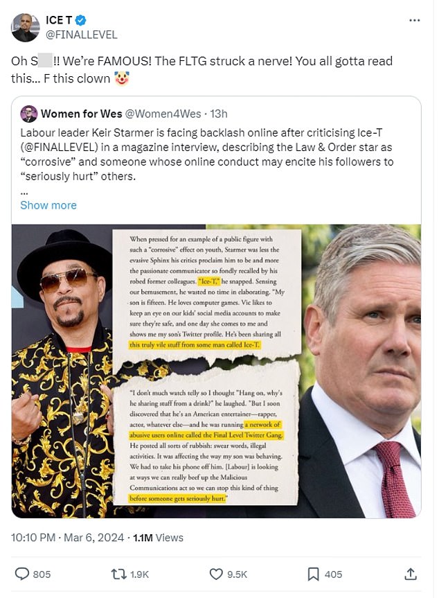 Ice-T launched an angry tirade against Keir Starmer after falling for a parody article that falsely claimed the Labor leader had called him 'corrosive'