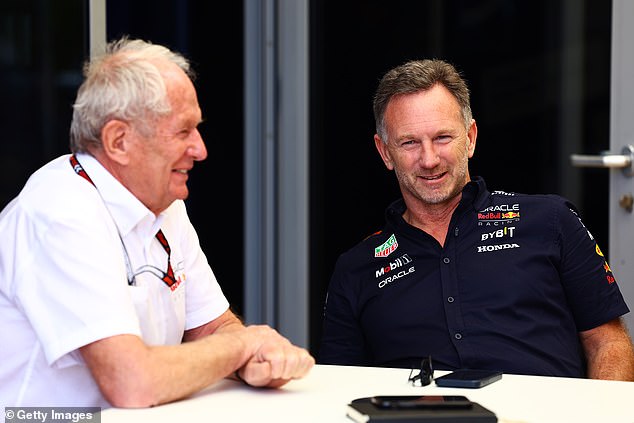 Horner (right) was seen with Marko at a Red Bull restaurant in Bahrain on Thursday