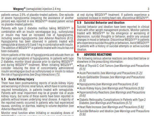 Novo Nordisk, manufacturer of Ozempic, says in its warning leaflet that patients taking the drug may also experience suicidal thoughts