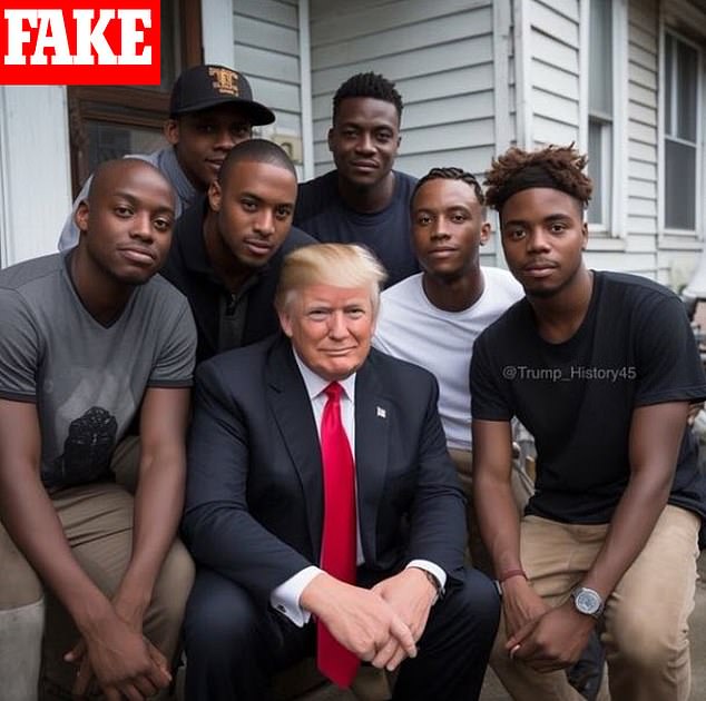 This fake AI-generated image was spread on social media claiming that former President Donald Trump stopped his motorcade to take a photo with this group of men.  The image is not real