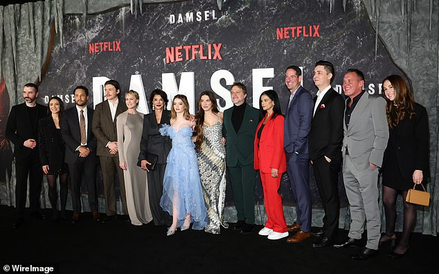 Damsel was scheduled to be released in October 2023, but fallout from the 2023 SAG-AFTRA strike forced her to push back to get the stars to help with the promotion;  Pictured at the premiere are David Fleming, Veronica Hidalgo, Nick Nesbitt, Nick Robinson, Robin Wright, Shohreh Aghdashloo, Brooke Carter, Millie Bobby Brown, Juan Carlos Fresnadillo, Bela Bajaria, Jeff Kirschenbaum, Dan Mazeau, Robert Brown and Emily Wolfe