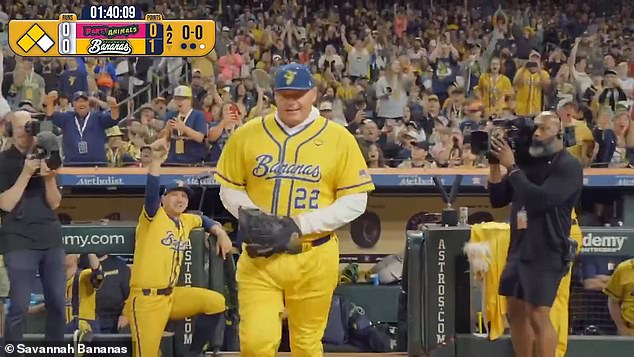 Savannah Bananas relief pitcher Roger Clemens takes the mound at Minute Maid Park