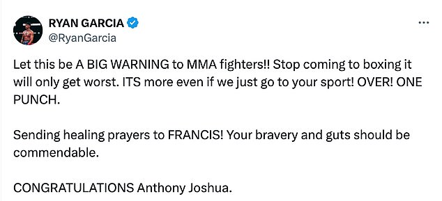 Garcia issued a warning to MMA fighters hoping to enter the boxing ring through his X account