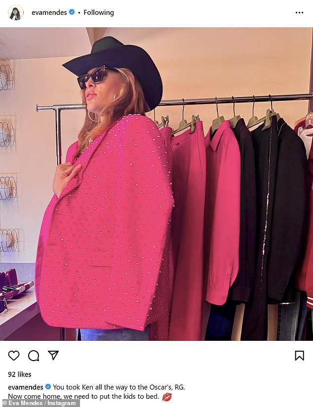 In a separate post, she posed wearing the bedazzled pink blazer that Gosling had also worn