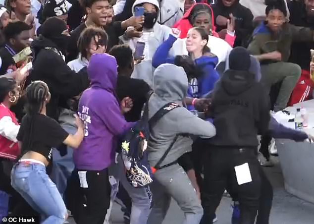 The Pike Outlets in Long Beach, California were closed early after a fight broke out between two girls, culminating in an all-out brawl involving several hundred people.