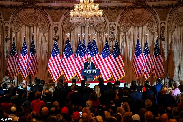 Maitlis confronted the Republican congresswoman at Donald Trump's Mar-a-Lago headquarters on Super Tuesday, after the former president scored major victories in several states.  Pictured: Trump speaking during the election night watch party at the Mar-a-Lago Club in Palm Beach, Florida, on March 5, 2024