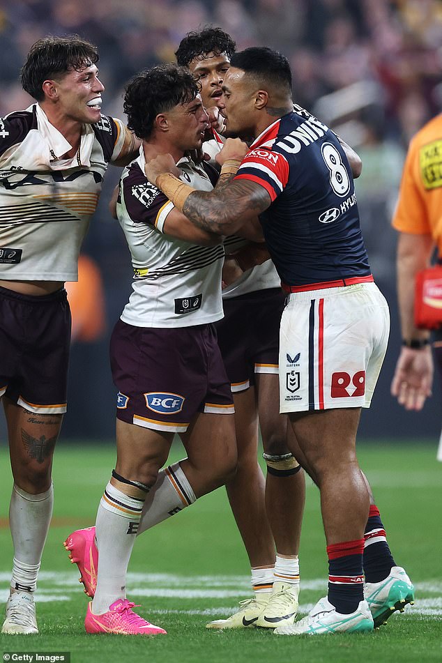 Leniu (pictured right during a confrontation with Broncos star Kotoni Staggs during the Las Vegas game) has also apologized to Ezra Mam