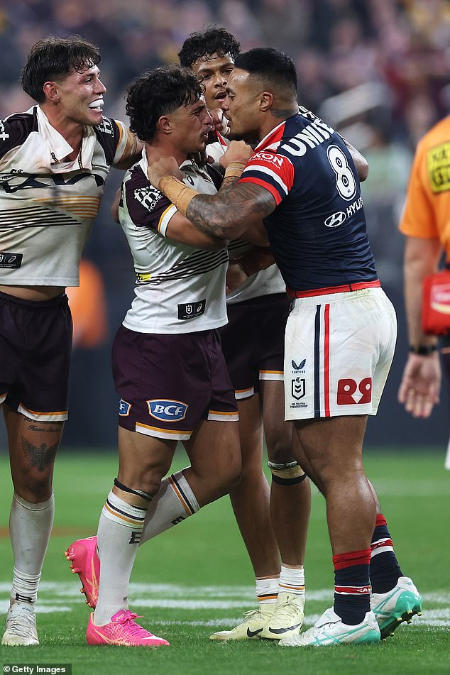 Leniu (pictured right during an on-field confrontation with Brisbane's Kotoni Staggs) has been referred directly to the judiciary by the NRL, in a worrying sign for the Roosters forward