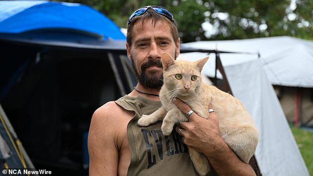 Zane McGill (pictured) started living in a tent in Mckillop Park, in Rothwell, north Brisbane, a year ago