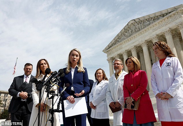 Erin Hawley of the Alliance Defending Freedom speaks outside the Supreme Court after speaking on behalf of the Alliance for Hippocratic Medicine
