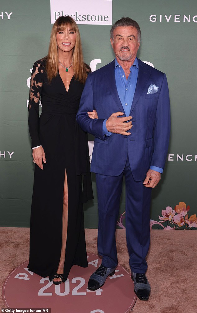 Jennifer Flavin, 55, and husband Sylvester Stallone, 77, supported the 2024 amfAR Palm Beach Gala on Saturday evening in Palm Beach, Florida