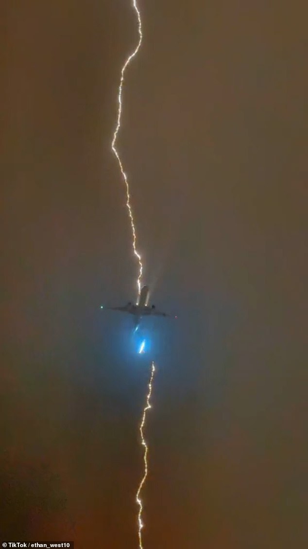 The lightning bolt hit the plane squarely and continued down the other side toward the ground