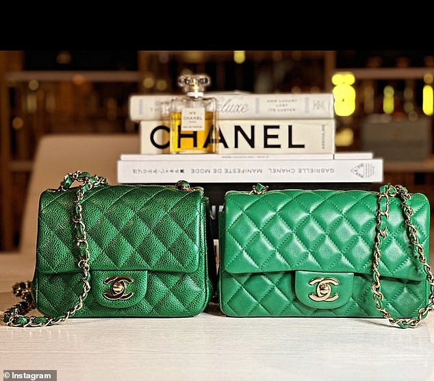 Husein said the brand's signature metal hardware is often an indication of whether a bag is genuine.  Pictured: two genuine Chanel 18S in emerald green